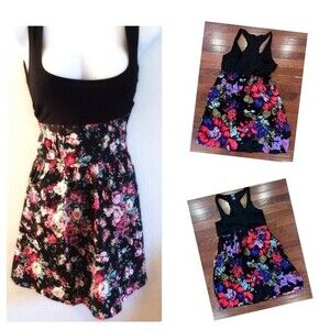 Blue Asphalt black floral racerback dress with pockets size medium